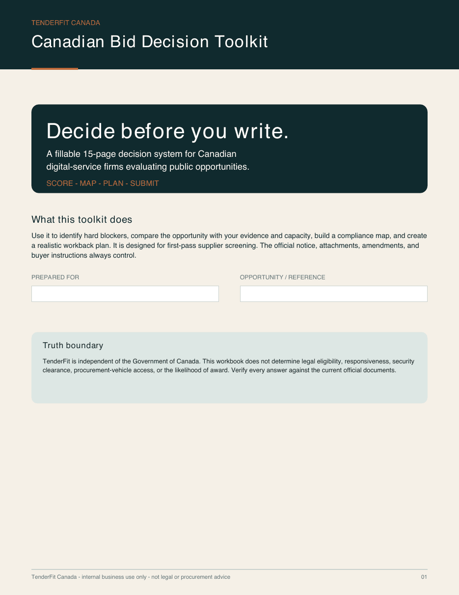 TenderFit Canadian Bid Decision Toolkit cover and opportunity fields