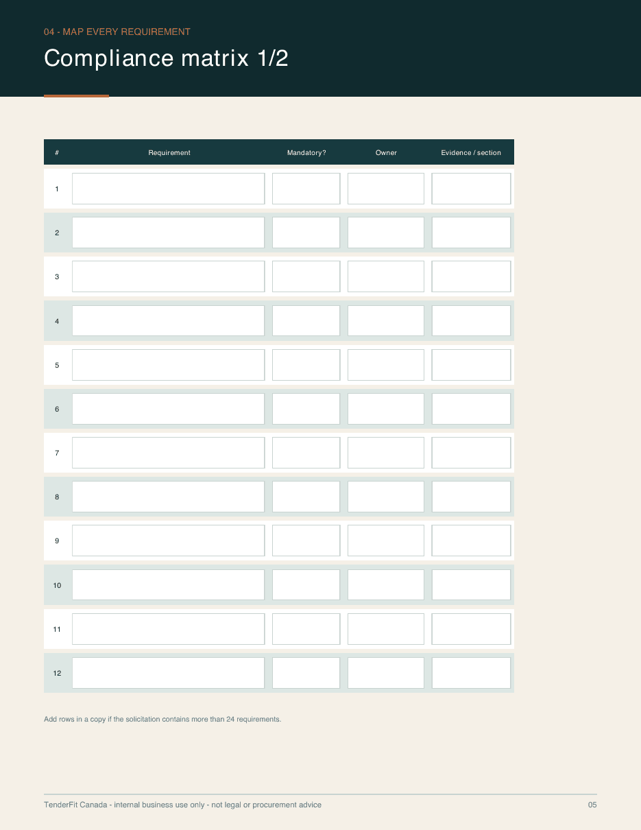 Fillable Canadian RFP compliance matrix page